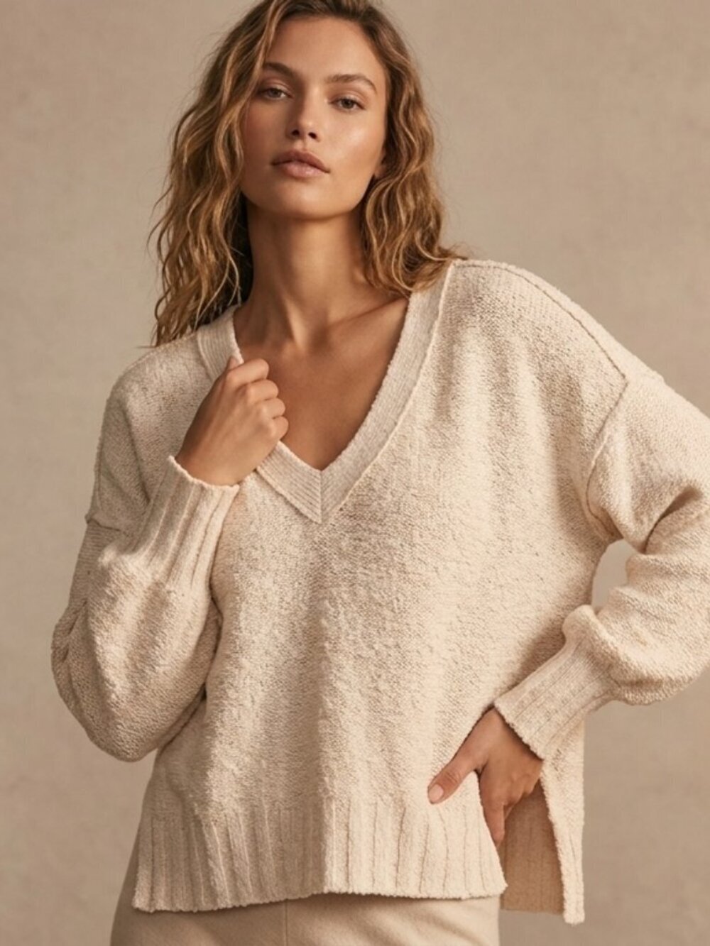 Anthropologie Pilcro Textured Knit Sweater Cream V-Neck Balloon Sleeve Size M